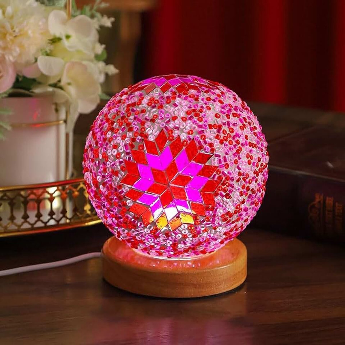 Roze mozaïeklamp, vintage, retro, geverfd, Turks, Marokkaans, Boheems, Tiffany, bedzijde, kleurrijk handgemaakt glas met houten basis, USB-opladen, decoratief licht voor slaapkamer