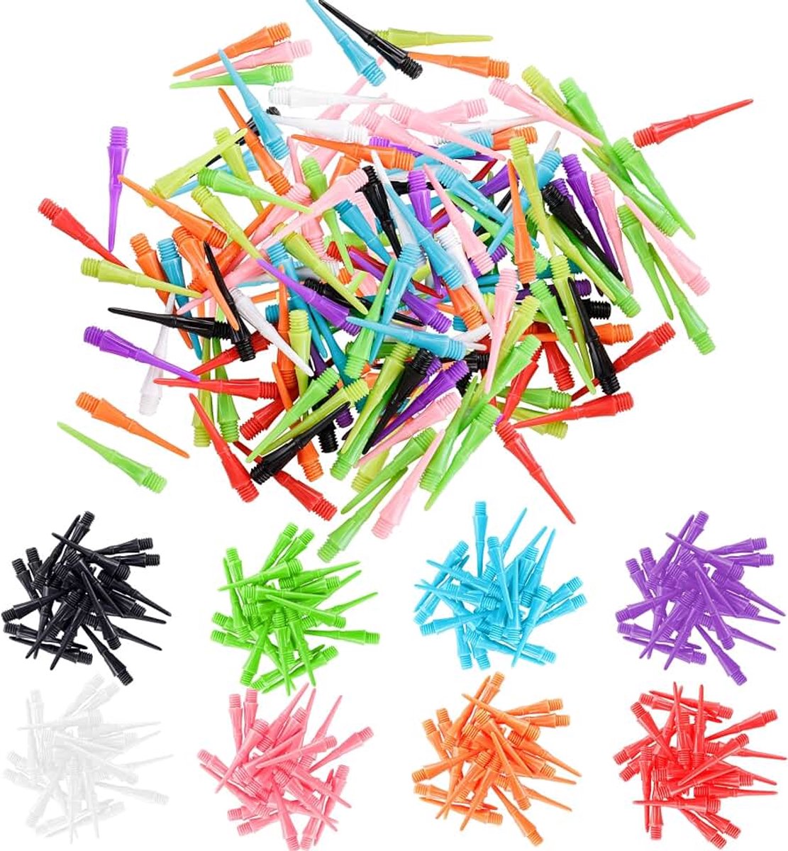 Dartpunten kunststof, 100 stuks 2BA schroefdraad, extreem stabiele softdartpunten, soft tips, 8 kleuren mix (zwart, wit, paars, rood, roze, blauw, groen, oranje)