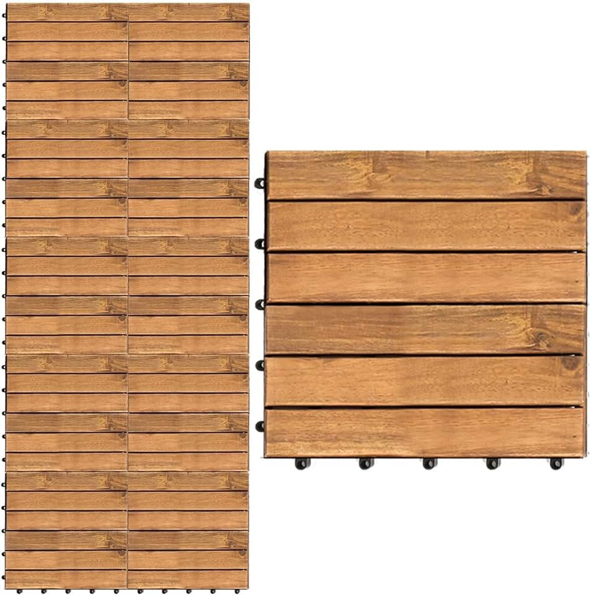 Houten tegels, 30 x 30 cm, 6 latten, stijl balkontegels, 22 tegels voor 2 m² terrastegels, weerbestendig, van acaciahout, vloerbedekking houten vloer, kliksysteem met drainage