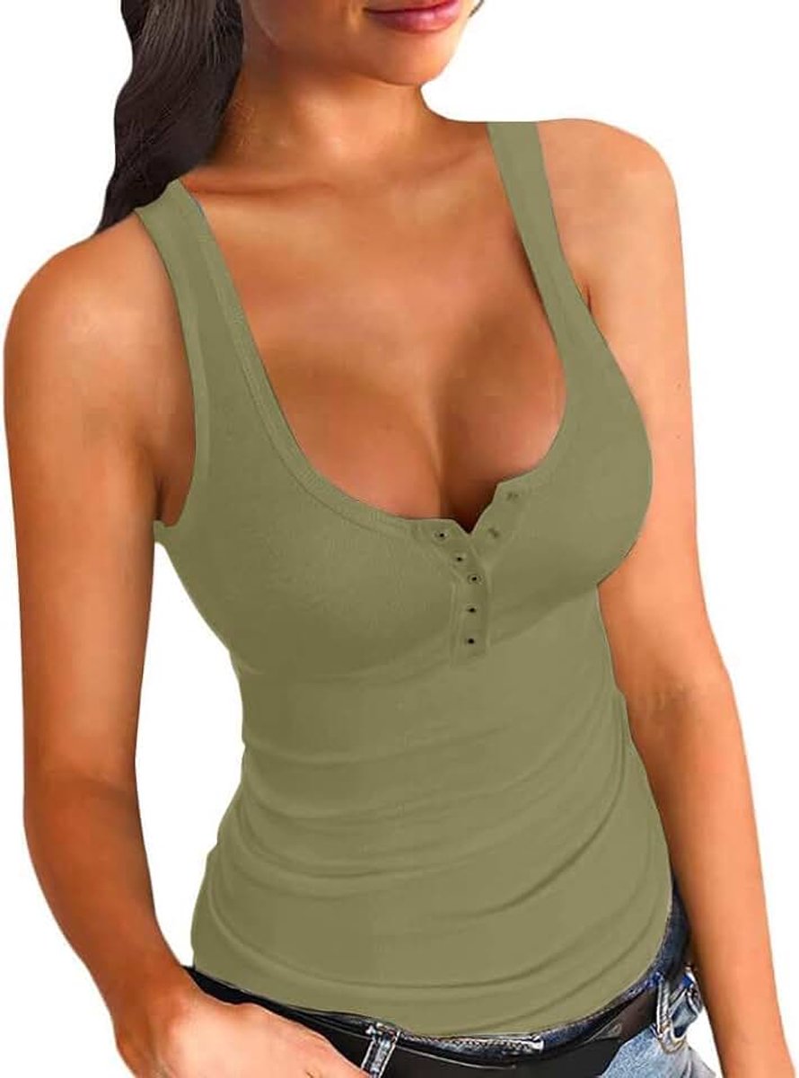 Dames tanktop zomer sexy U-hals ribbed top mouwloos slim fit shirt Henley tops met knoopsluiting