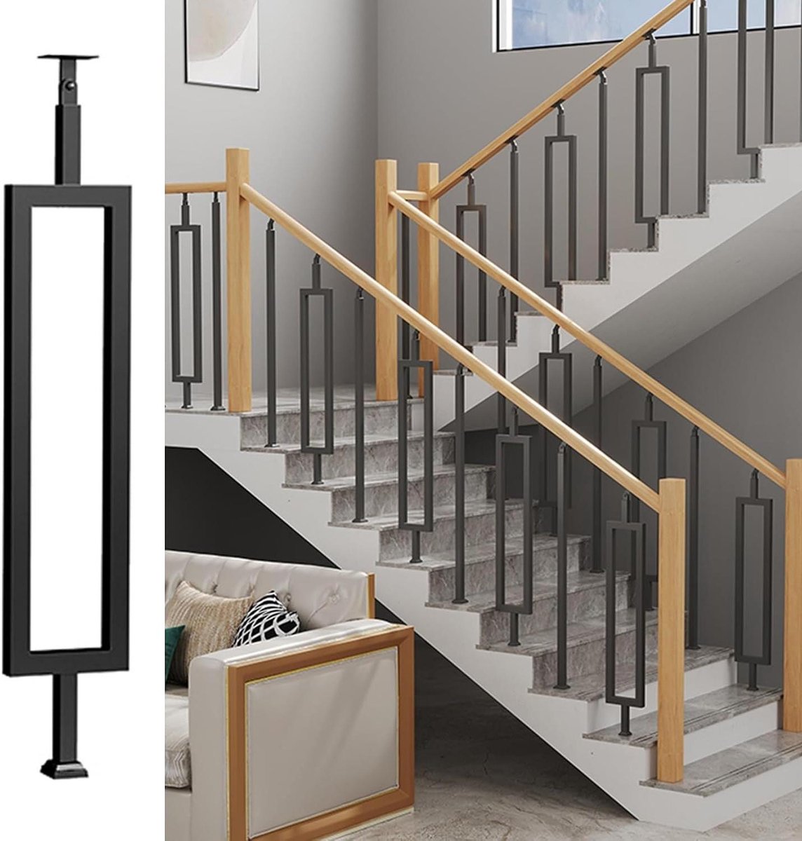 Trapleuning Paal - Baluster Spindel - Veiligheid Trap - Verstelbare Hoekhouder - 85-125 cm - Zwart