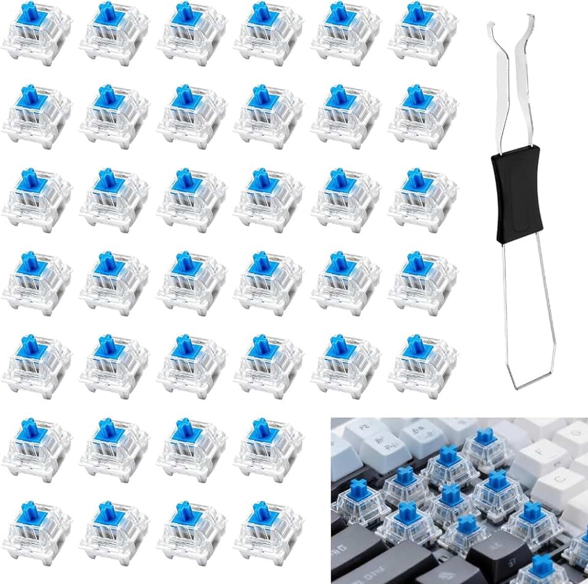 38 stuks transparante blauwe as-schakelaars met trekker, 3-pins toetsenbordschakelaars, stofdichte schakelaars, voor pc-accessoires, gaming-toetsenbord en doe-het-zelf mechanische toetsenborden