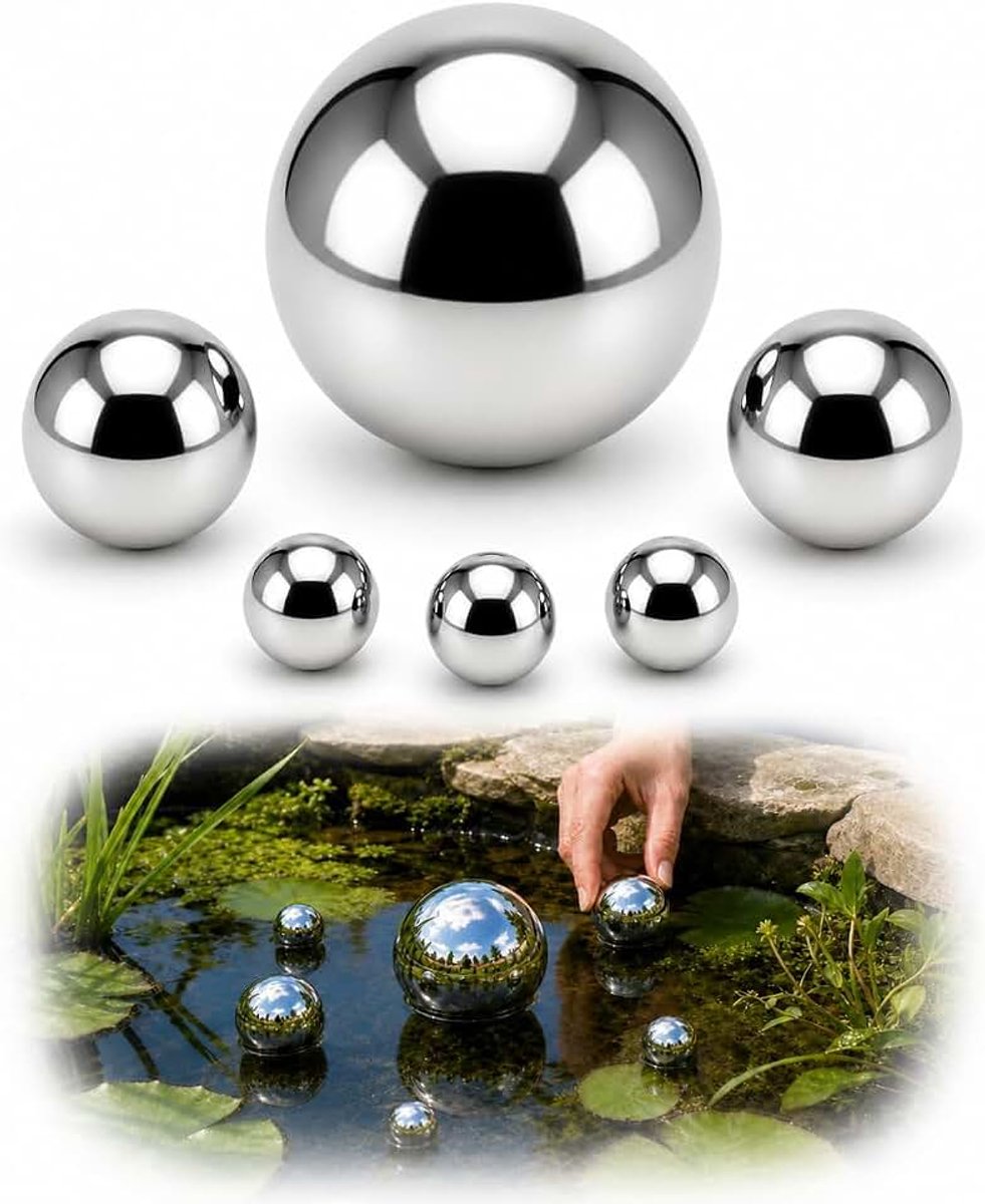 Ballen, 6 stuks, drijvende ballen, tuinballen, zilver, 3 x 19 mm, 2 x 25 mm, 1 x 63 mm diameter, spiegelglans gepolijst, 201 roestvrij staal, mini-vijver, fontein, tuinvijver, terras