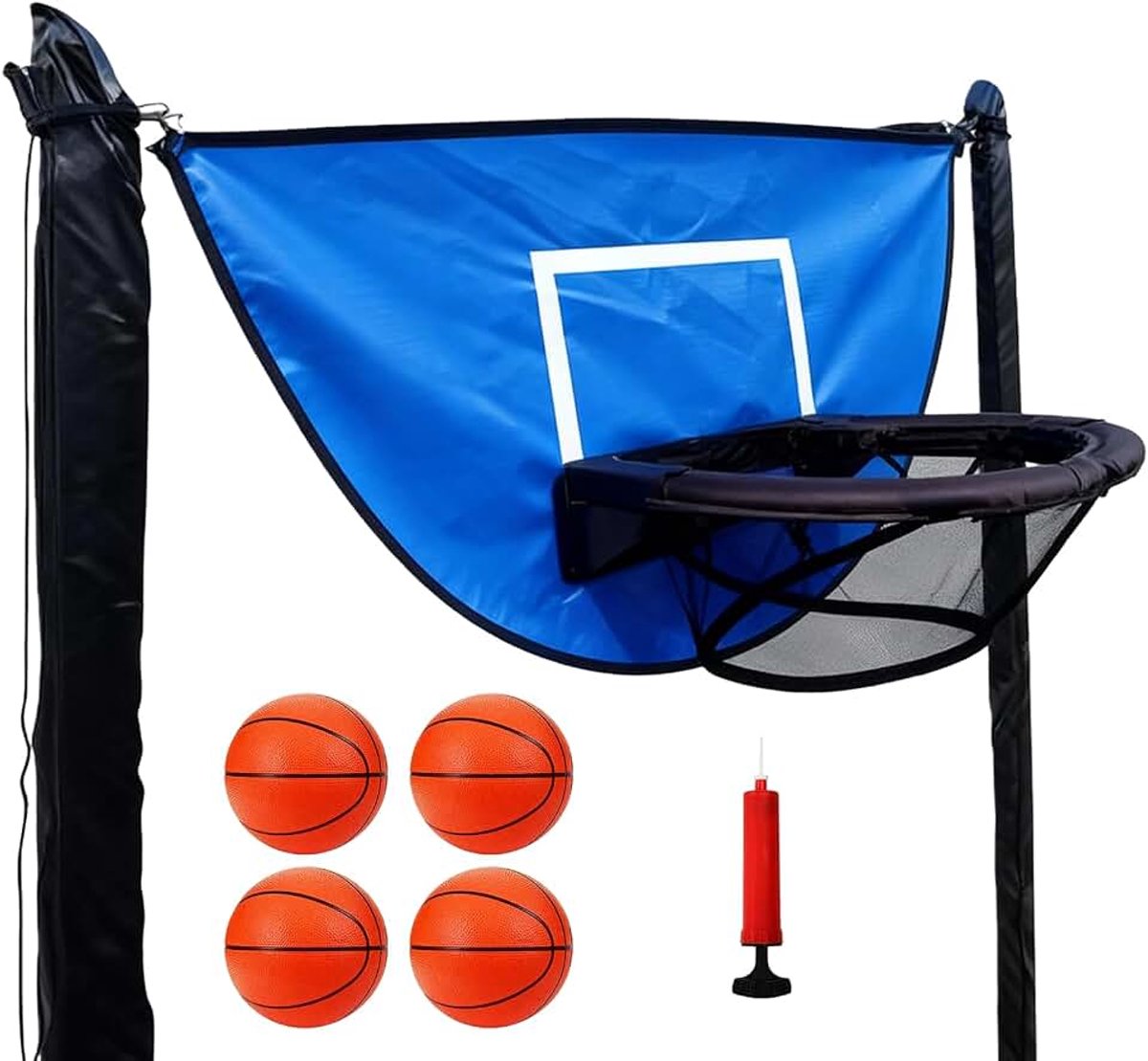 Trampoline basketbalmand, trampoline-basketbalopzetstuk met 4 mini-basketballen van Ø 12 cm en 1 pomp, scheurrand voor onderdompelen, trampoline-accessoires, mini-basketbalmand voor binnen en