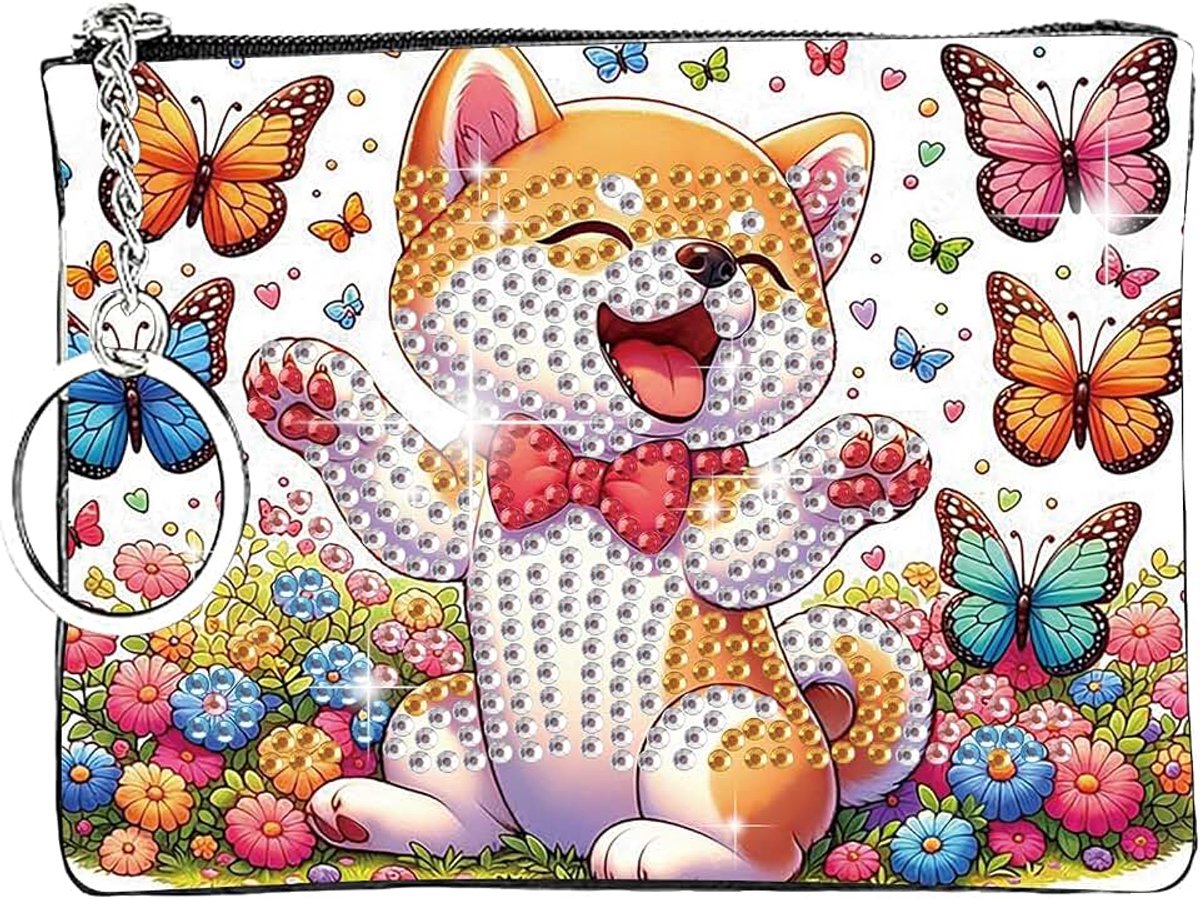 Diamond Painting portemonnee met sleutelhanger 12 x 9,2 cm diamant schilderij mini portemonnee muntentas draagbare muntzakje DIY cartoon muntzakjes snoepportemonnee hond vlinder