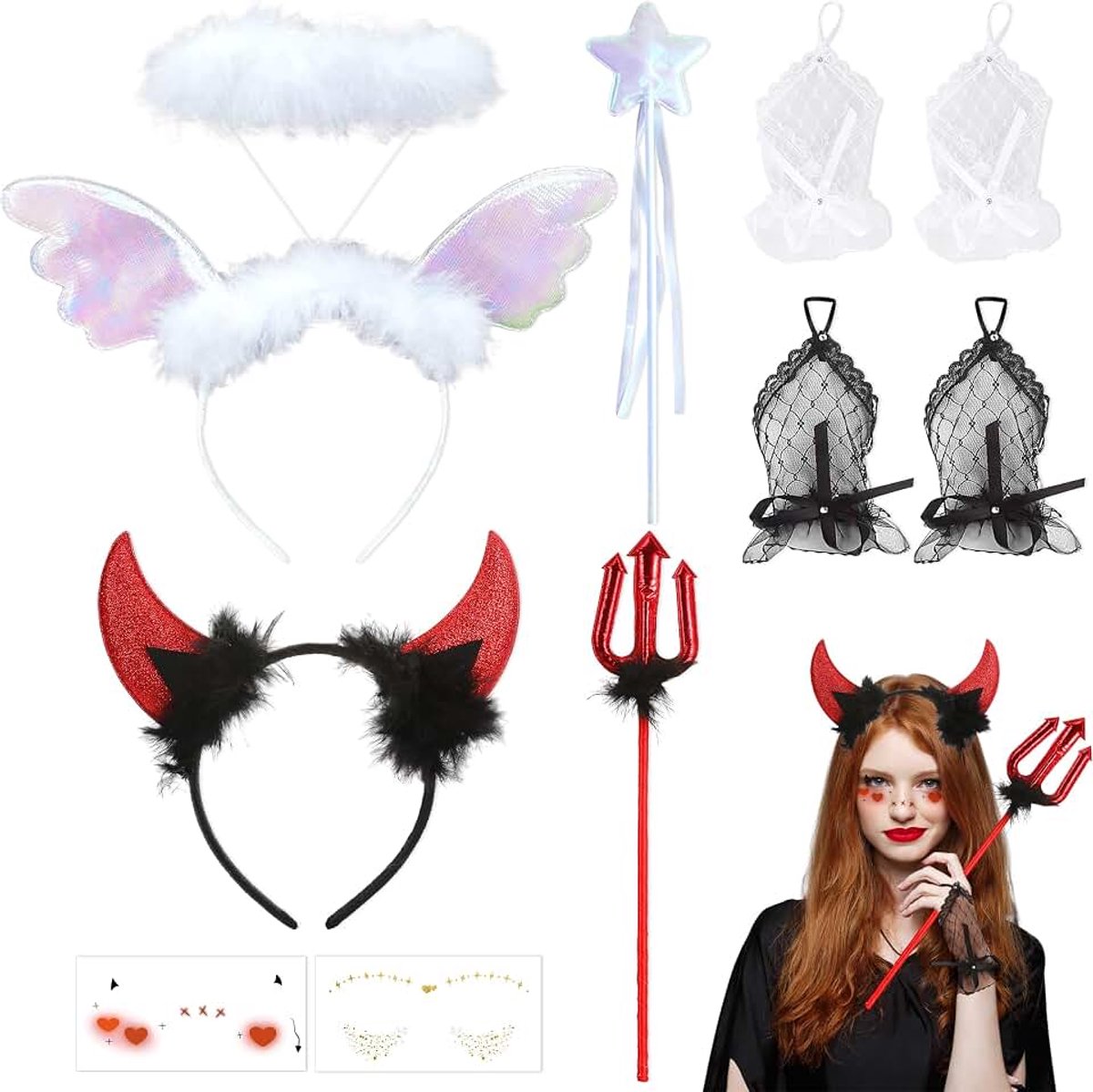 Kostuum Dames, 8-Delige Set Met Duivelshoorns Haarband en Engelenhoofdband Voor Volwassenen, Duivels Kostuum Halloween Kostuum Damesaccessoires Voor Volwassenen Carnaval Cosplay