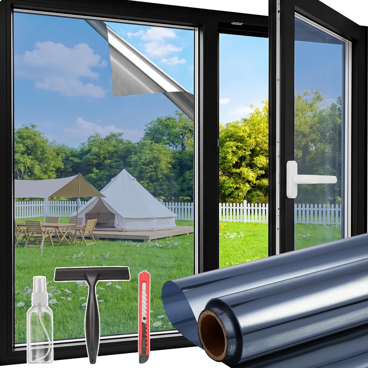 SnelShoppen - Spiegelfolie Raam 60 x 400 cm Blauw-Zilver, Licht Klevende Raamfolie voor Privacy, Zonwerend, Warmtewerend, UV Bescherming met Helder Ui