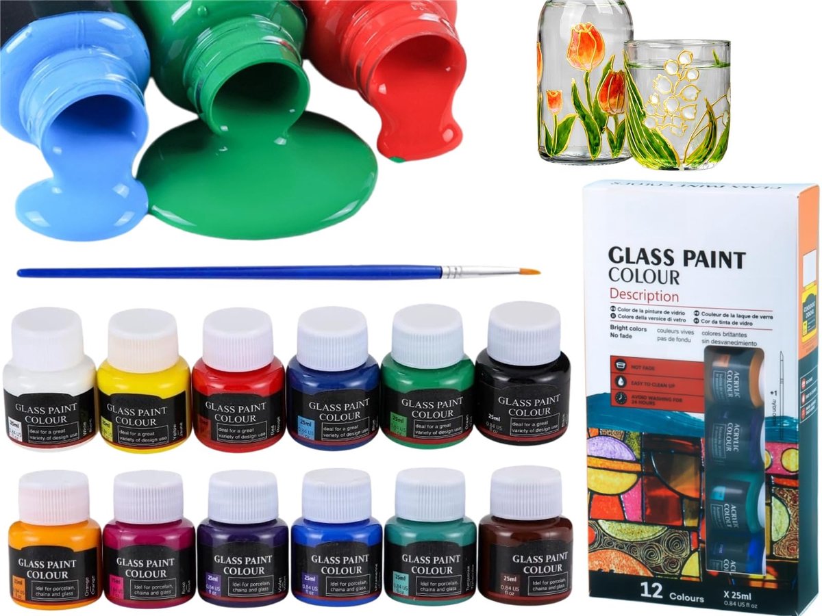 SnelShoppen - Porseleinverfset, acrylverfset voor keramiek en glas, vaatwasmachinebestendig, 12 kleuren hoge dekking met penseelstift en palet voor cr