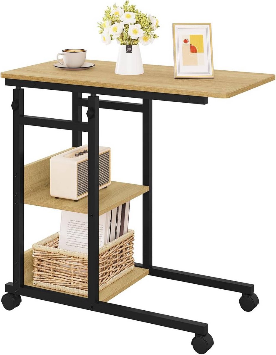 SureDeal® - bijzettafel - Vorm hoogte verstelbaar - Wielen - Licht eiken - Zwart - 80x76x40 cm