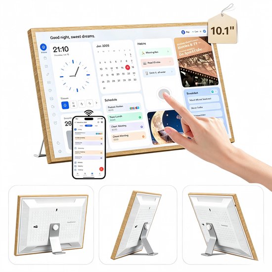 Een 10,1 inch scherm met houten frame toont een kalender en agenda. Een vinger raakt het scherm aan, met een smartphone ernaast.