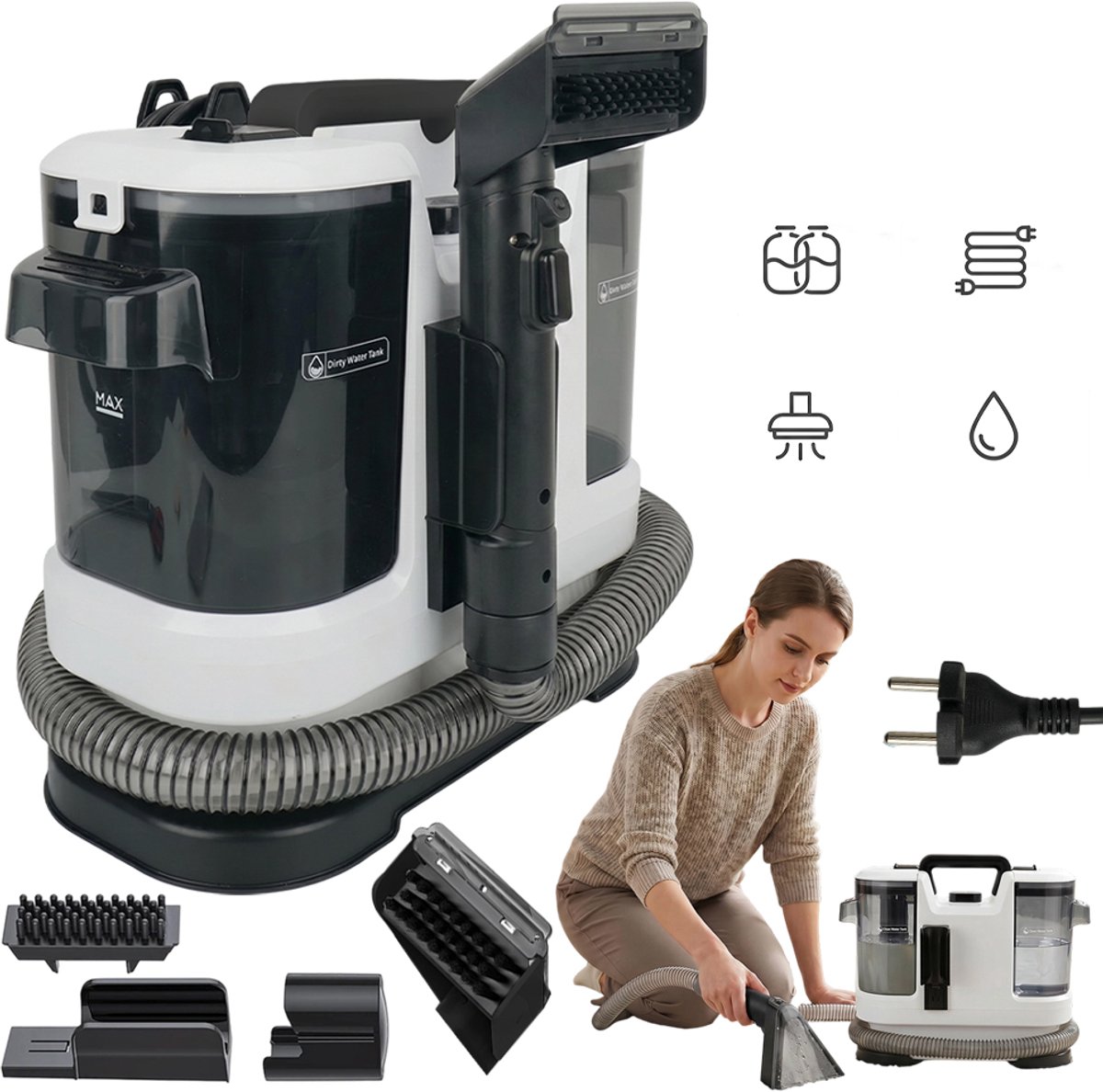 Draagbare Tapijt- En Meubelreiniger Met Aparte Tanks Voor Schoon En Vuil Water - 1800 ml Schoon 800 ml Vuil 12 kPa Diepe Zuigkracht - Ideaal Voor Banken, Matrassen En Auto-Interieurs