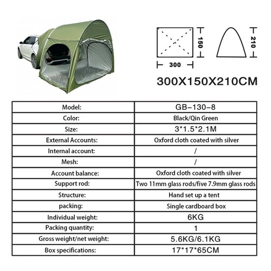 Auto Tent Achterklep Universeel 300x150x210 cm - SUV Achterkleptent - Oxford Campingtent - Waterafstotend - UV-Bescherming — afbeelding 4