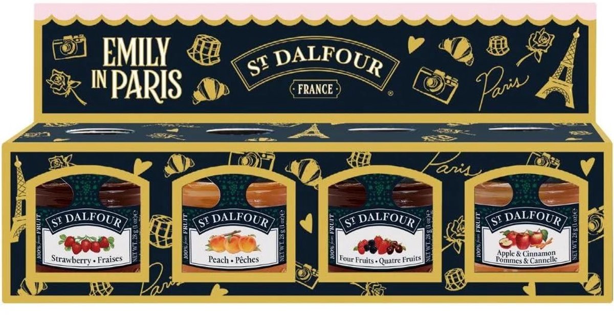 St. Dalfour Emily in Paris Mini Jam Variatiepakket – Framboos en Sinaasappel-Gember – 4 x 28 g – Zonder Toegevoegde Suikers