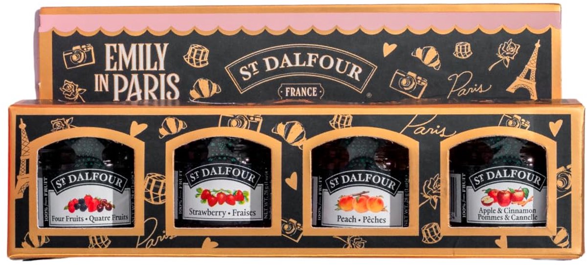 St. Dalfour Emily in Paris Mini Jam – Sinaasappel-Gember en Abrikoos – 4 x 28 g – 100% Fruit, Zonder Toegevoegde Suikers