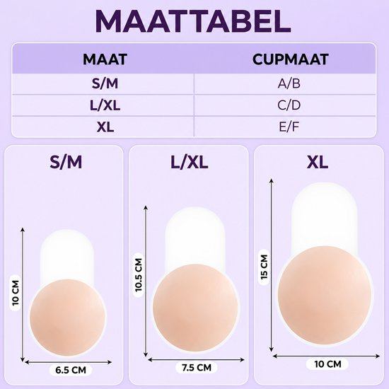 Maattabel met maten S/M, L/XL, XL en cupmaten A/B, C/D, E/F. Drie zelfklevende borstbedekkers in de maten S/M (10cm hoog, 6.5cm breed), L/XL (10.5cm hoog, 7.5cm breed) en XL (15cm hoog, 10cm breed).