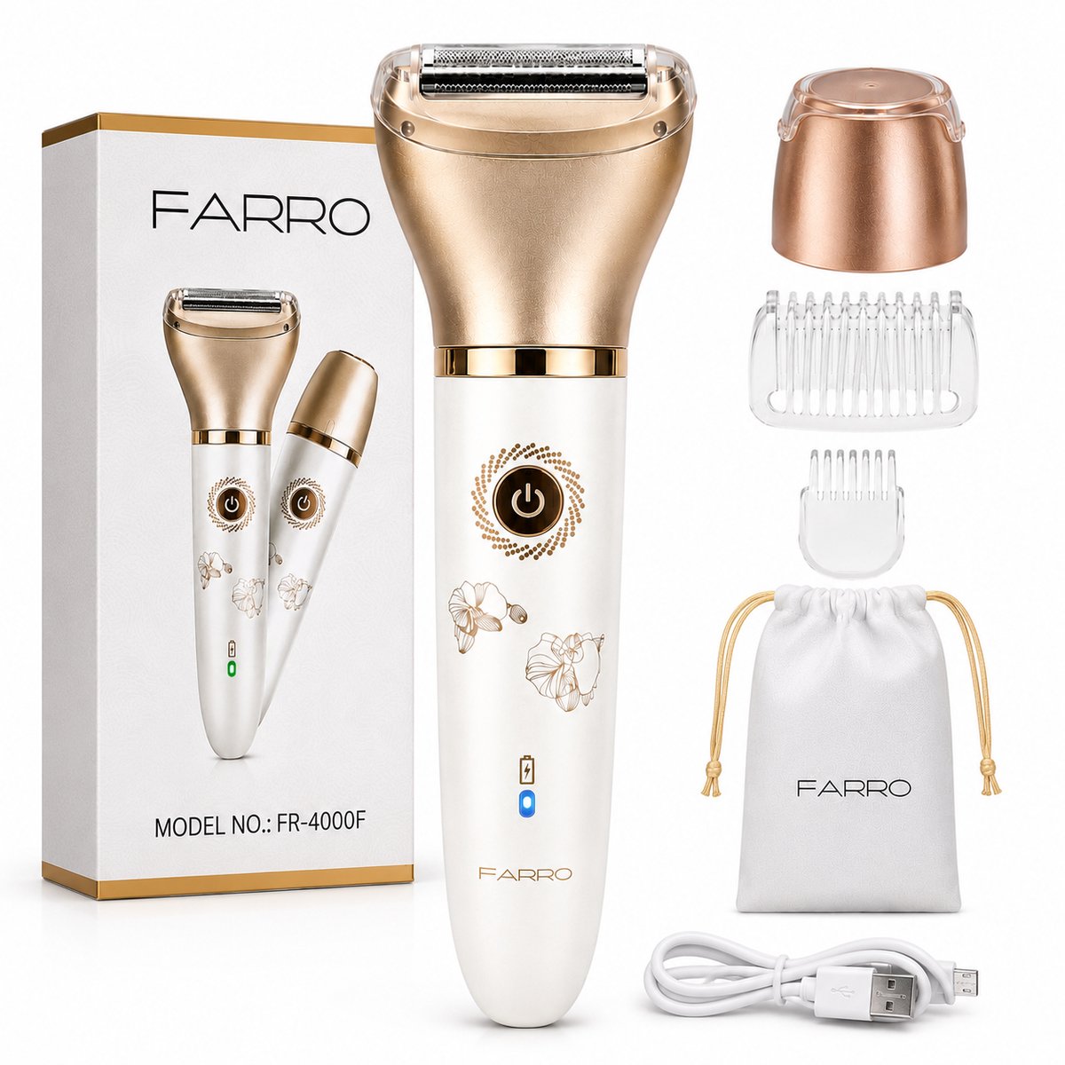 Farro® Ladyshaver – Waterproof & USB-oplaadbaar – Voor Benen, Oksels, Bikinilijn en Gezicht – Geschikt voor Gevoelige Huid