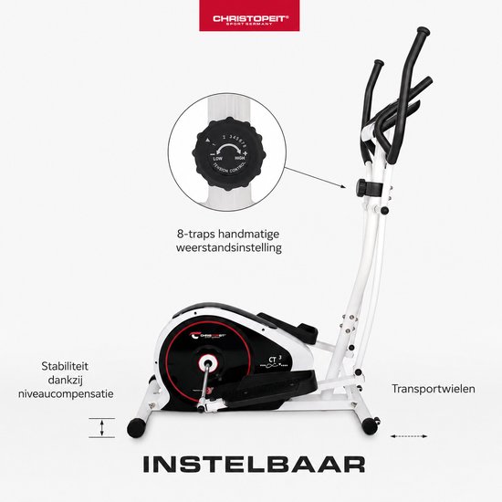 Witte crosstrainer met 8-traps weerstandinstelling, niveauregeling en transportwielen.