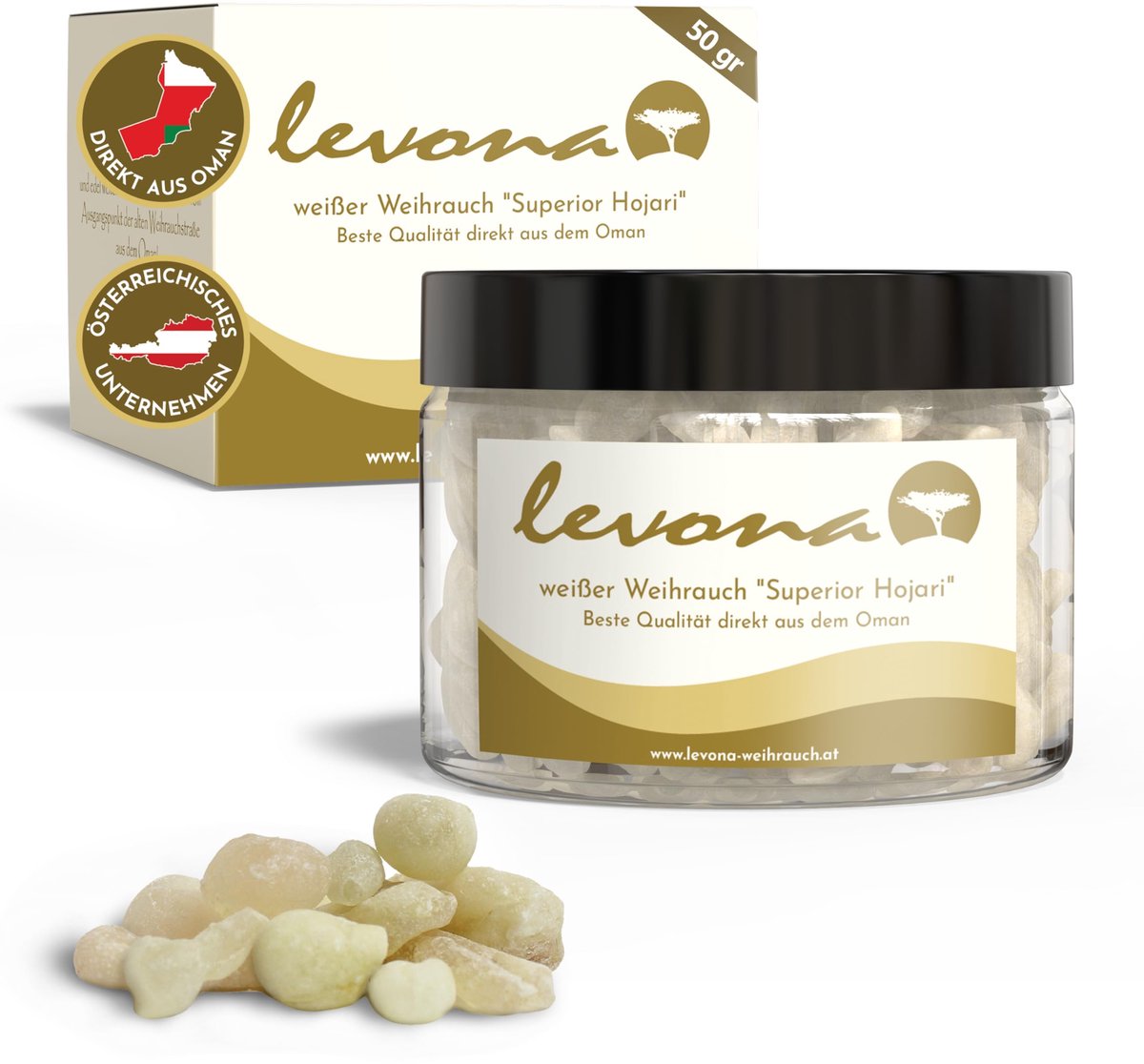 SnelShoppen - Levona Wierook 50 g, Natuurzuivere Boswellia Sacra, Witte Al-Hojari uit Oman voor Rookstoofjes, Frankincense Wierookhars Luban