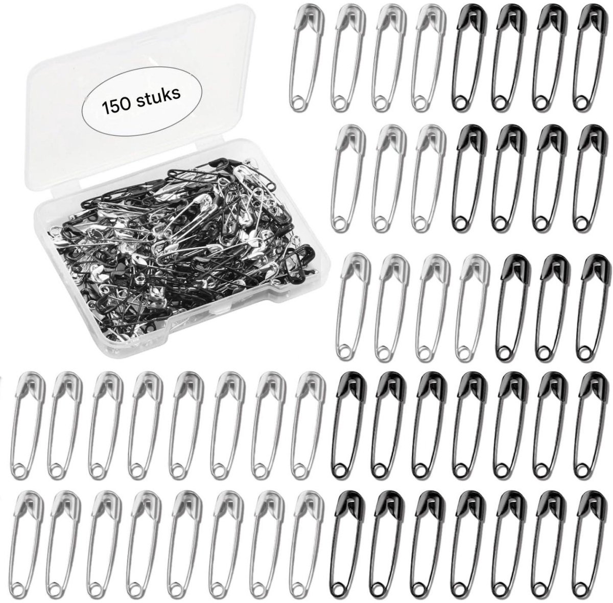 SSTRWGOOD 150 Stuks Veiligheidsspelden - Metalen Sicherheidsnadelen 19mm - Geschikt voor Knutselen, Naaien en Sieraden DIY - Rostvast Metaal - Zilver en Zwart Mix
