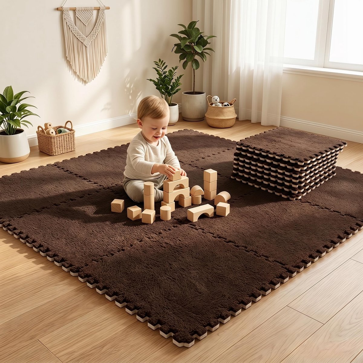 SnelShoppen - 12 stuks pluche puzzelmatten 30x30cm, schuimstof puzzelmat voor baby, donkere vloerbedekking, tapijttegels voor woonkamer-slaapkamer