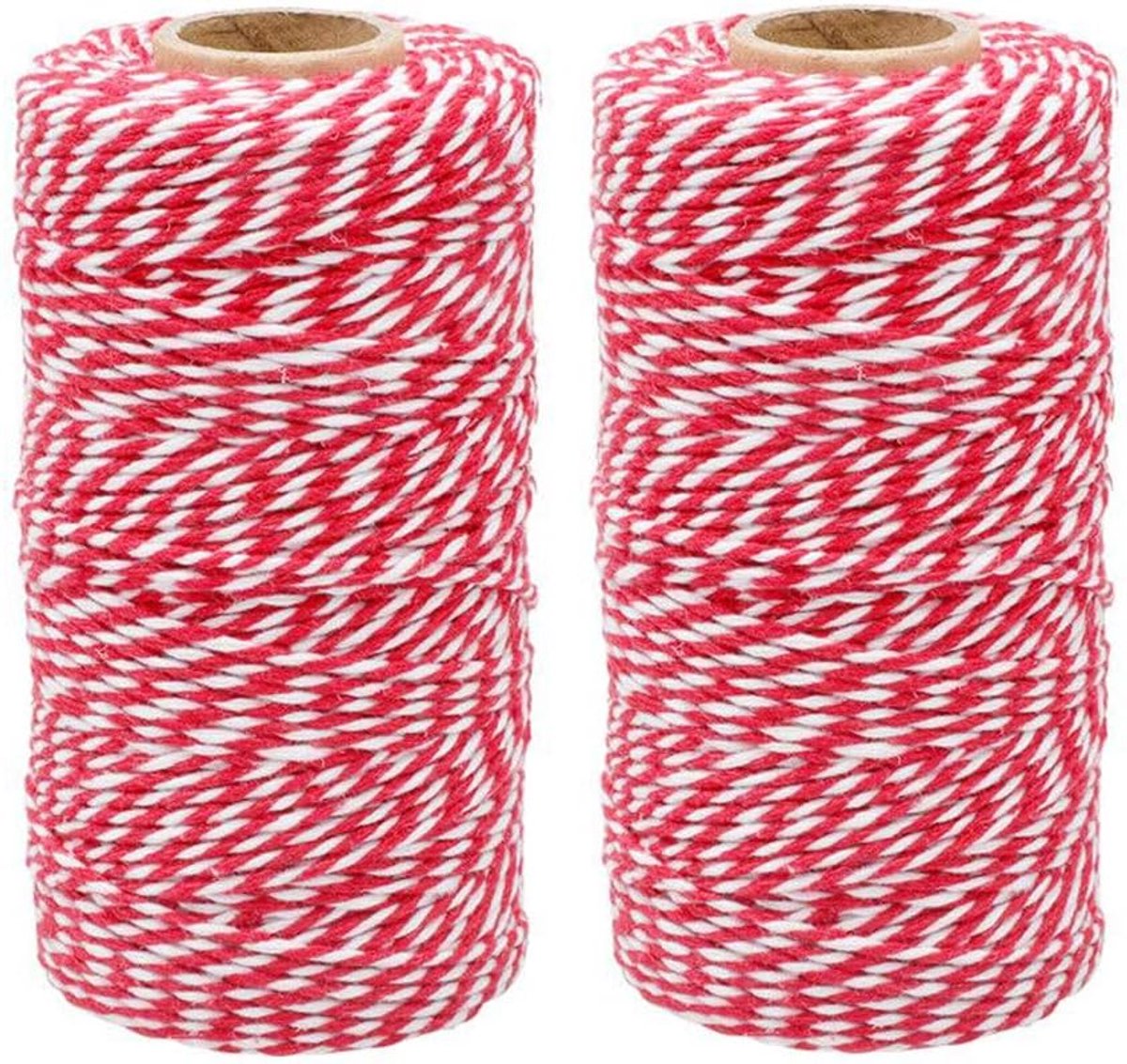 2 x 100 m Rood en Wit Touw, 2 mm Ambachtelijk Katoenen Draad voor Bakken, Slagers, Doe-Het-Zelf Ambachten en Handgemaakte Kunst