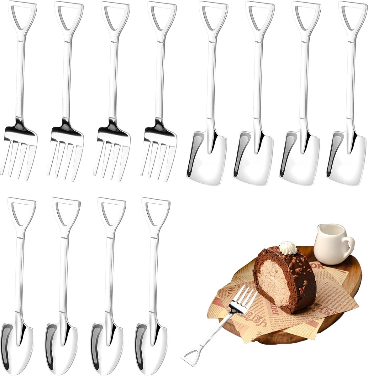 12 stuks roestvrijstalen spatlepels, lepel, vorkset | schepvormig creatief schepnet, koffielepel, theelepel, ijslepel, dessertlepel, taartvorken, voor keuken, restaurant