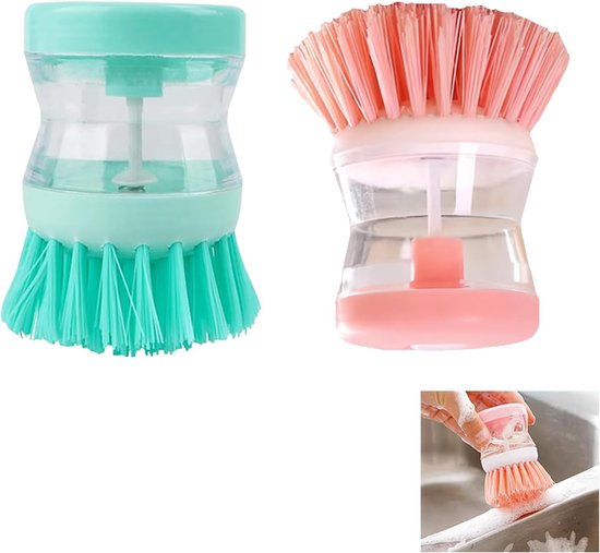 Set van 2 afwasborstels met geïntegreerde dispenser, reinigingsborstel voor potten en pannen, zachte nylon borstelharen, eenvoudige vulling, verwisselbare kop, praktisch keukenaccessoire — afbeelding 5