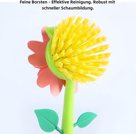 Afwasborstelset in bloemenvorm, met handvat en standaard, zacht voor pannen met antiaanbaklaag, potten en wastafels (groen-blauw-combi) — afbeelding 3