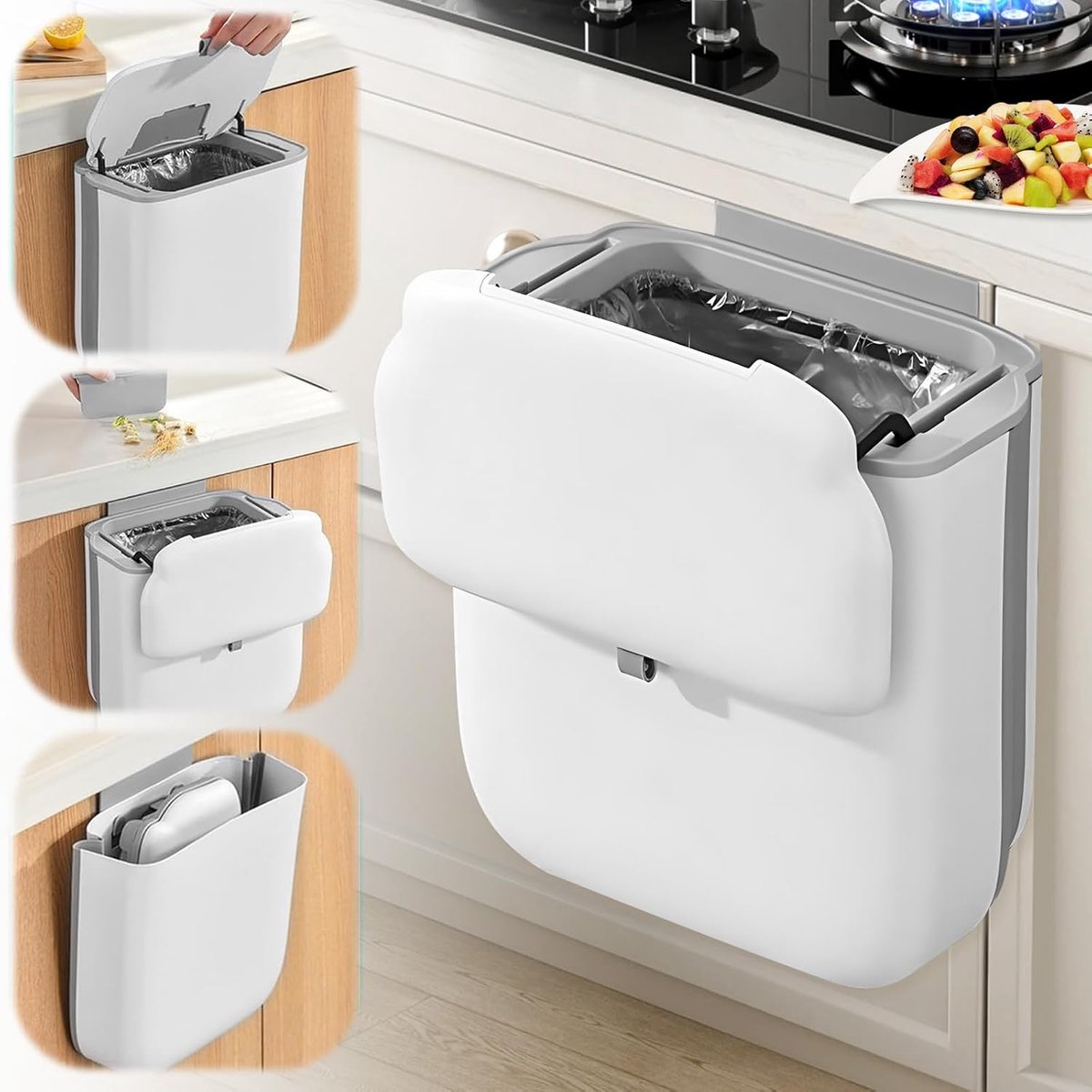 Afvalemmer voor de keuken, om op te hangen, met schuifdeksel, 10 l, wandafvalbak, inklapbaar, ruimtebesparend, geurloos, voor kastdeur, badkamer, kantoor, camping, auto