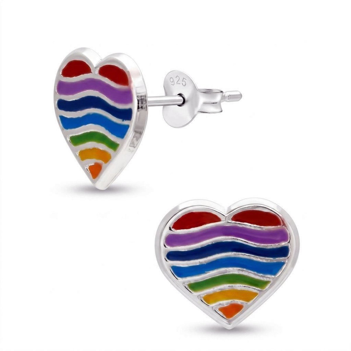 Zilveren Oorstekers Regenboog Hart – Meisjes Oorbellen 925 Zilver – Nikkelvrij – 9 x 8,5 mm