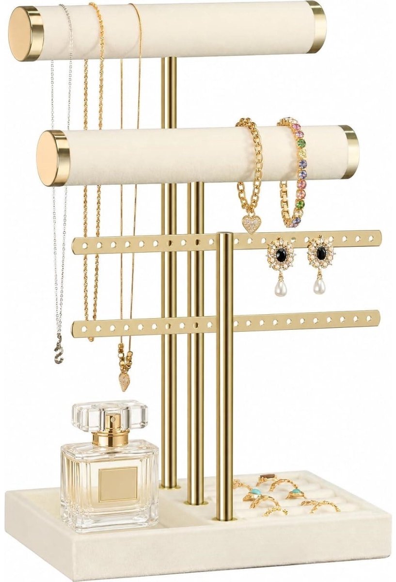 SSTRWGOOD Sieraadstandaard met 5 Lagen - Opbergrek voor Sieraden - Geschikt voor Armbanden, Halskettingen, Ringen en Horloges - Incl. 2 Fluweelstangen, 1 Metalen Stang, Ringenbakje en Opbergvak - 21x13x31cm