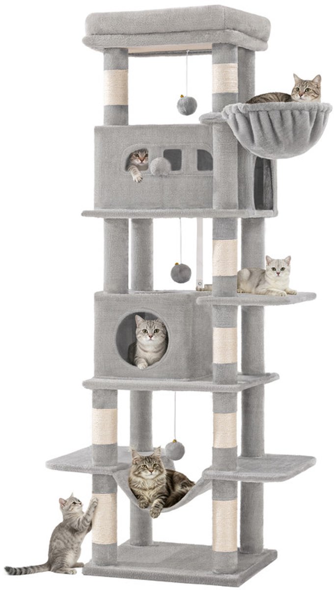 Hzuaneri Krabpaal Groot, 210 cm, Kattentoren Voor Maine-Kat, Grote Kat, Meerlaagse Krabpaal Met Grote Zitstang, Wasbare Mat, Kattenhuismeubel Met 2 Holletjes, 8 Krabbomen, Lichtgrijs