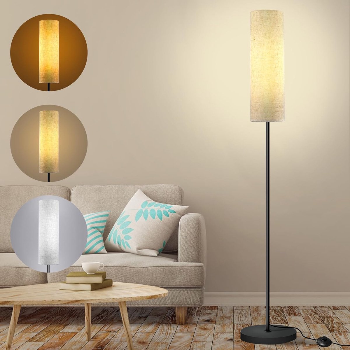 Vloerlamp - Minimalist Staande Lamp met Linnen Kap 175cm - Inclusief Lamp - Voetschakelaar - Ideaal voor Woonkamer & Kantoor
