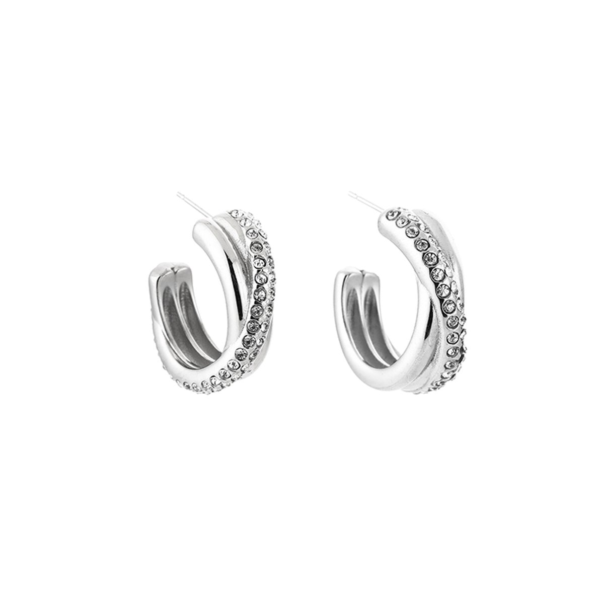 Stainless Steel Criss Cross Pavé Zirconia Half Hoops – Luxe Gekruiste Pavé Zirkonia Halve Oorringen – RVS - Zilver