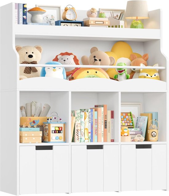 SnelShoppen - 110 cm Kinderrek met Boekenkast, Wielen, Wit, Multifunctioneel Rek voor Kinderkamer, Speelkamer, Opbergruimte, Creatief en Praktisch