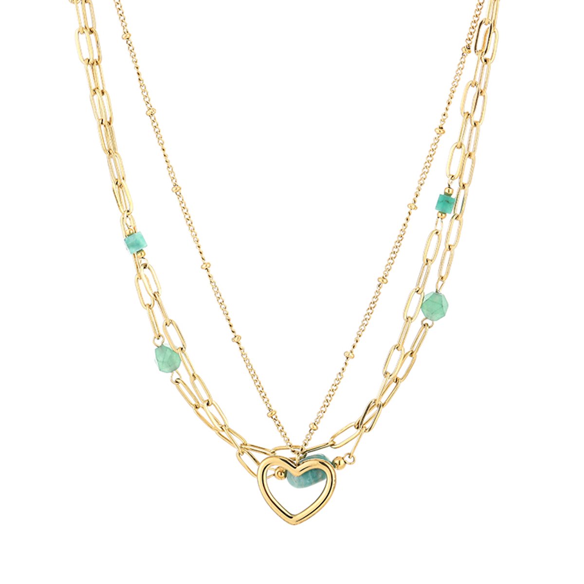 Dubbele Ketting Dames met Hartje & Stenen - Roestvrij Staal (RVS) - Layered Ketting 2-in-1 met Open Hart Hanger - Kralen Ketting 40+5 cm - Sieraden Cadeau Vrouw - Groen