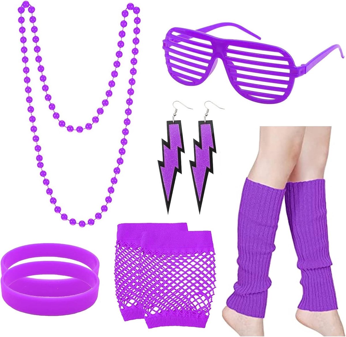 Retro 80s Kostuum Accessoires Set met Neon Roze Kettingoorbellen, Zonnebril, Armbanden, Handschoenen en Beenwarmers voor Vrouwen en Meisjes