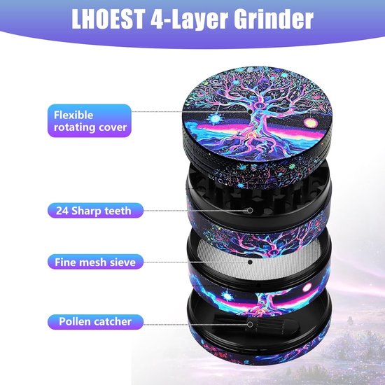 Grote 50MM Kruidengrinder met Schraper en Plastic Borstel - 4 Laags Pollenmolen voor Specerijen en Kruidenset met Paars Boomdesign — afbeelding 2