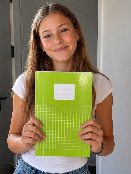 Meisje met lang bruin haar en witte t-shirt, houdt een groen schrift vast.