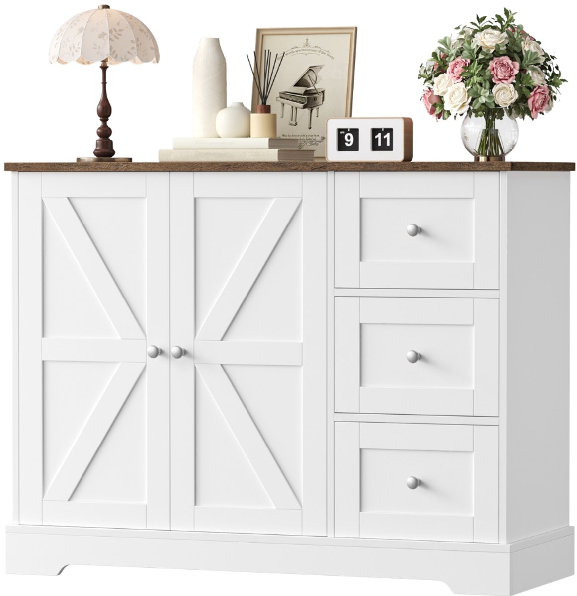 Sideboard – Voor keuken, eetkamer en woonkamer – 3 laden en 2 deuren met werkblad – Houtkleurig