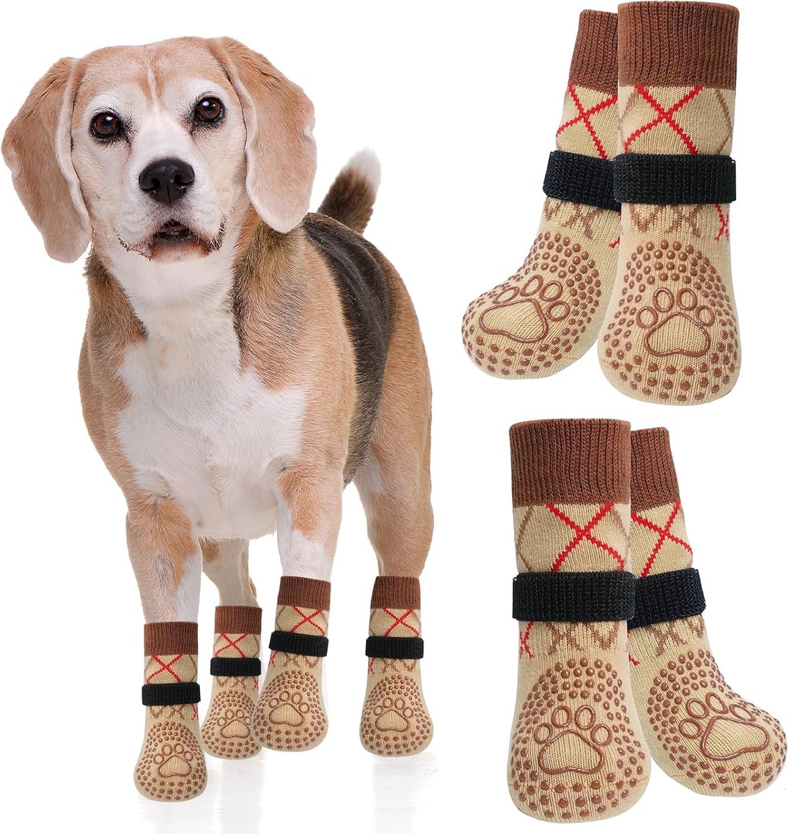 hondensessen anti-slip, 2 paar pootbescherming hond letsel, verstelbare sokken voor honden flexibele antislipsokjes voor binnen en buiten geschikt (Bruin-XL)