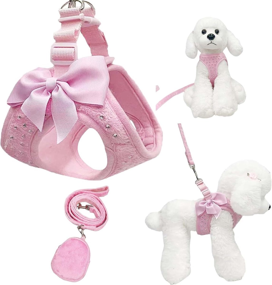 Set met hondenharnas en riem, instapharnas met diamantbezaaid huisdier, zacht mesh, ademend, gemakkelijk te lopen, lichtgewicht tuigjes voor kleine honden en katten