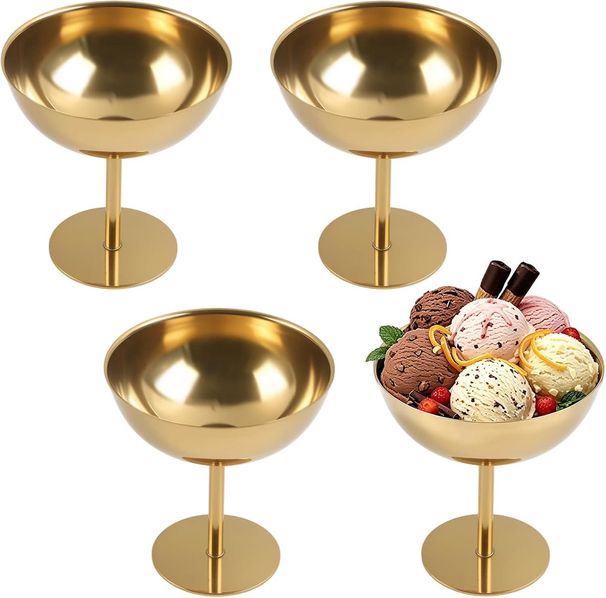 IJsbekers van roestvrij staal, 4 stuks, 200 ml met diameter van 10,5 cm, dessertglazen met voet, roestvrijstalen ijsbeker, Ice Cream Sundae, voor fruitpudding, yoghurt, salade, fruit, cocktail