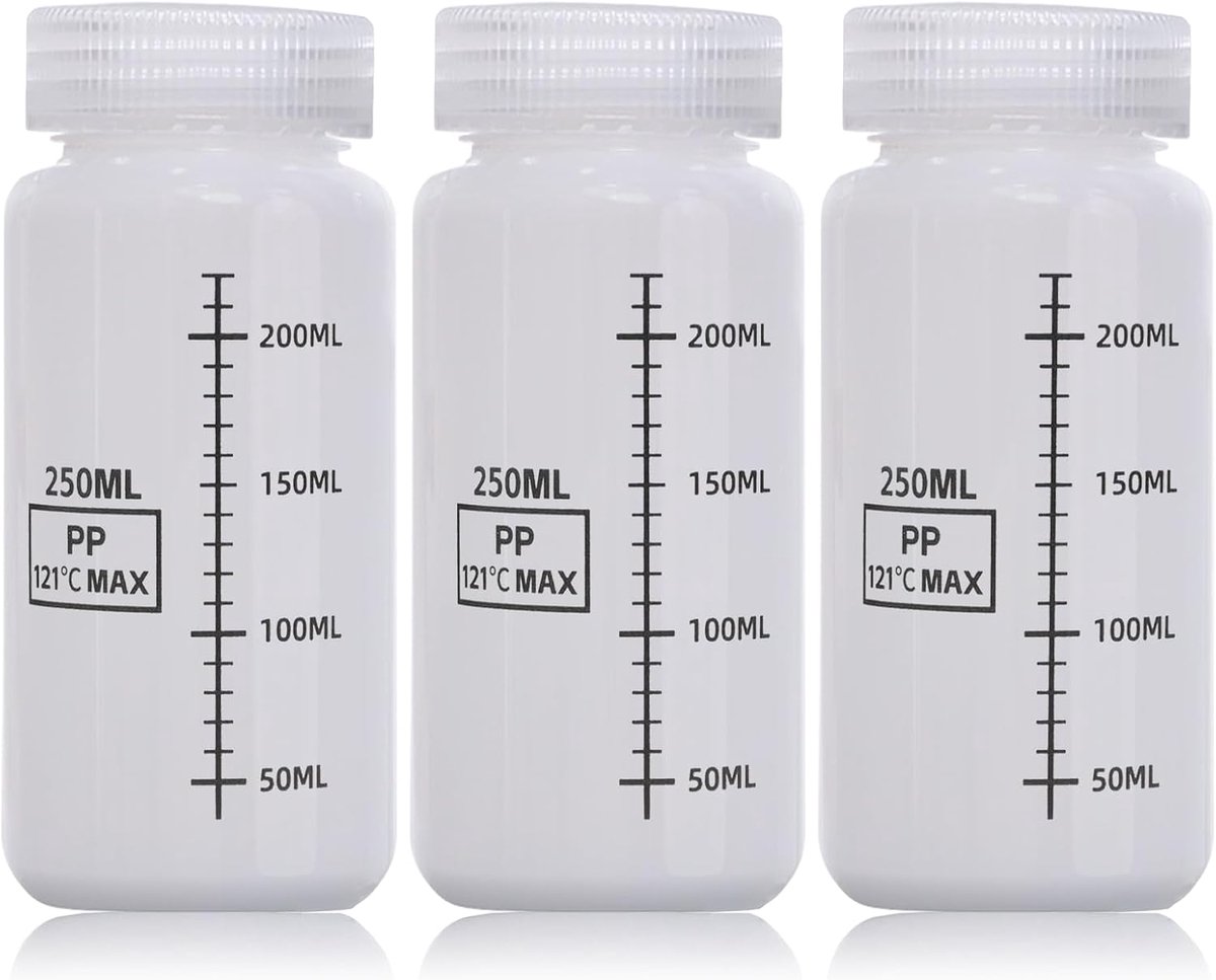 Plastic flessen met brede hals, 3 stuks, met schaalverdeling, 250 ml, plastic flessen, lege laboratoriumfles, lekvrij, doorschijnend, van HDPE-fles, voor pillen, watermonsterflessen