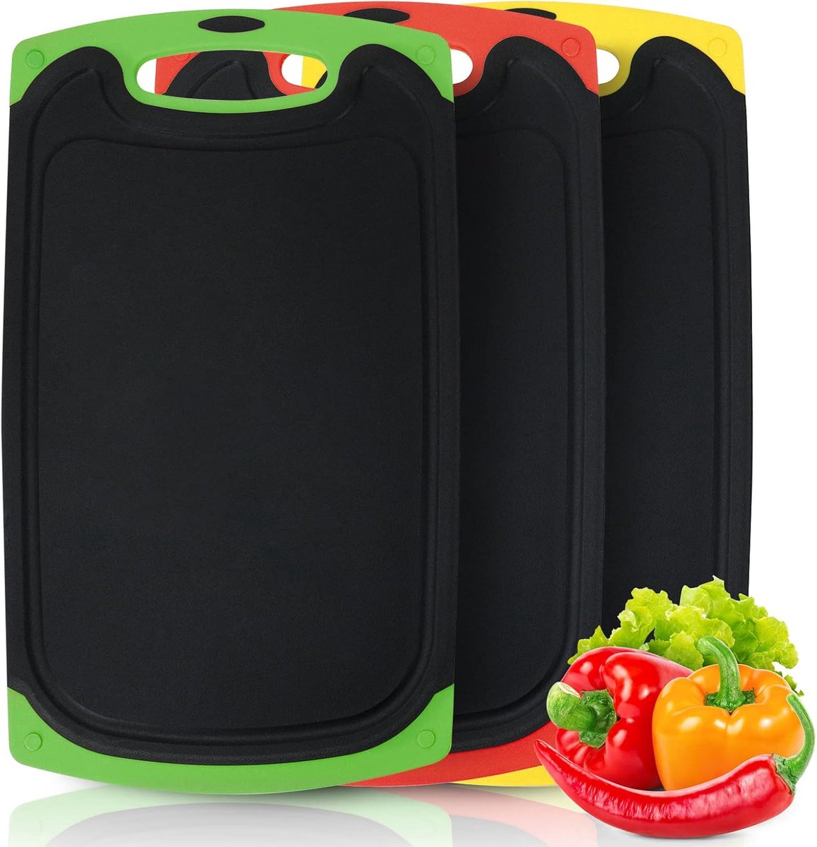 Set van 3, Snijplankenset Kunststof met Sapgroeven en Antislip Handgrepen, Keukenplank Multifunctioneel BPA-vrij, voor de Keuken, Groenten/Vlees, 35 x 21 x 7.6 cm