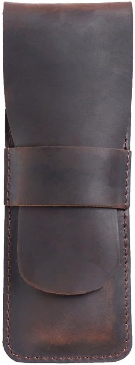 Lederen etui, retro pennenhouder kan 2-3 pennen bevatten met gestoffeerde flap voor dames en heren kantoor, Koffie, 17 x 5,8 cm/6,8 x 2,3 tum, Vintage