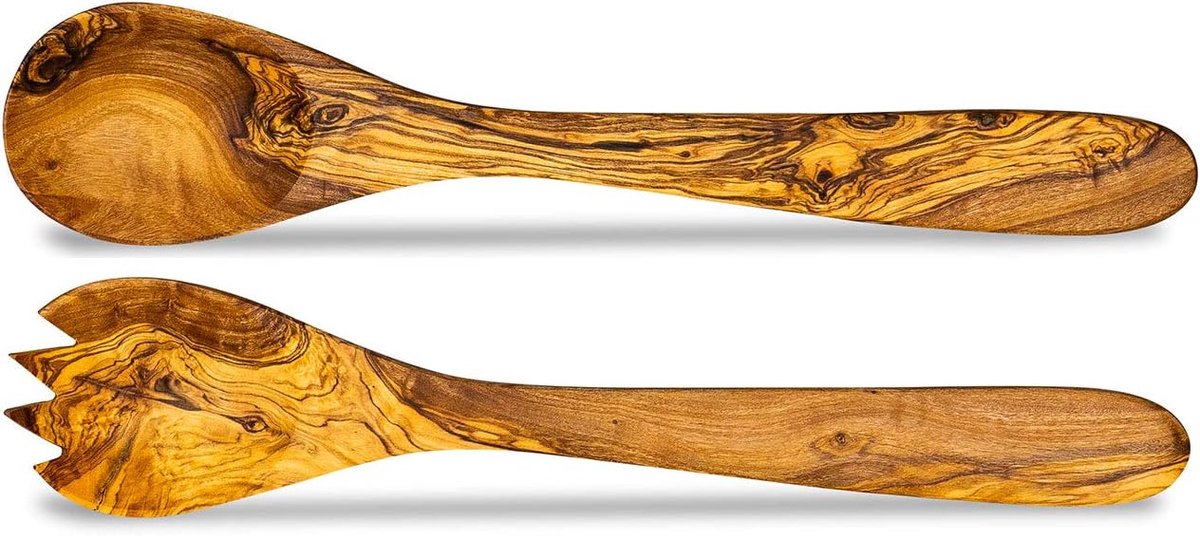 2-delig. Saladebestek hout olijfhout 30 cm lang natuur serveerbestek keukenset vork lepel