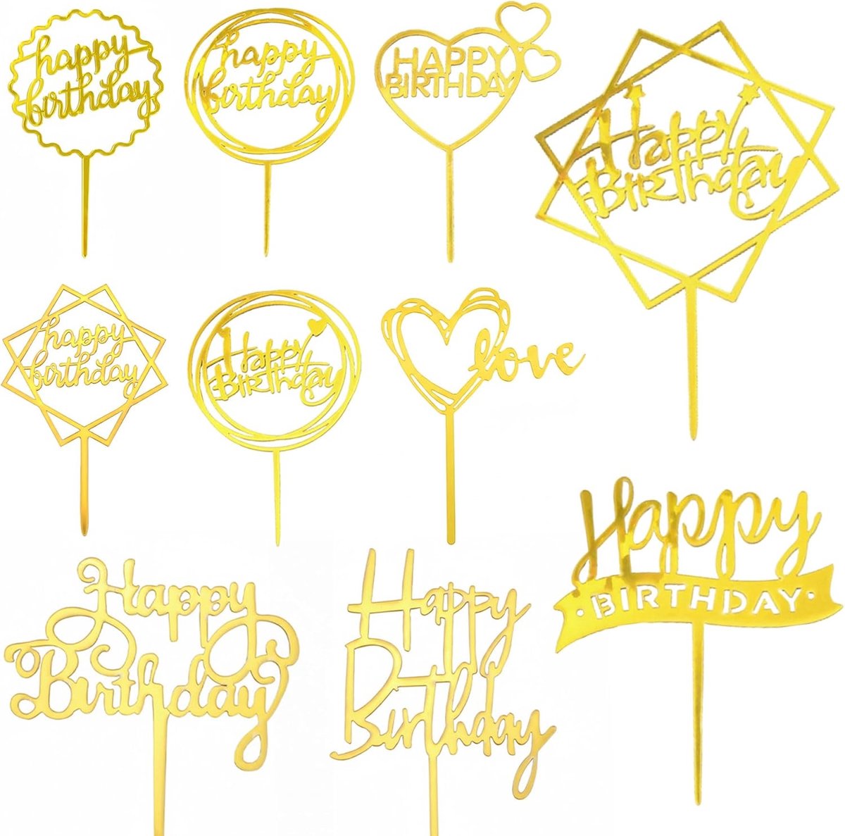 10 stuks Happy Birthday taarttoppers, gouden glitters, taarttopperset voor verjaardagstaart, taartdecoratie, feestdecoratie, jubileum, bruiloft, hart, ster, cirkeldesign, acryl look
