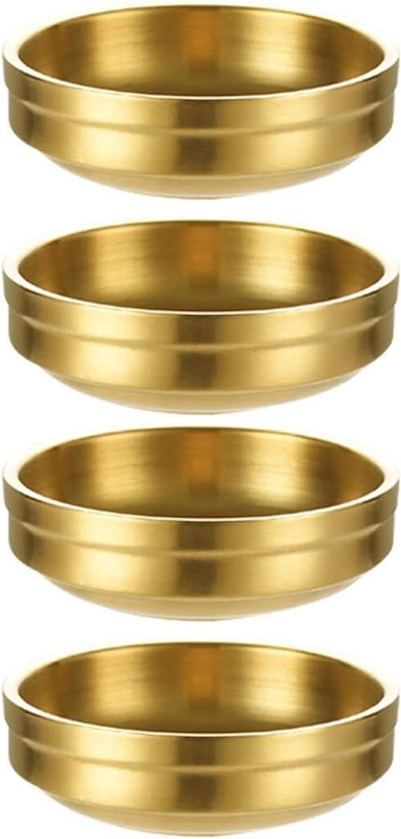 Set van 4 gouden roestvrijstalen sojasausschotel, dubbeldeks dompelende knijpkommen, kleine kruiderij kruiden dipkommen, mini metalen ramekins kopjes voor frites en kruiden en sushi serveren,