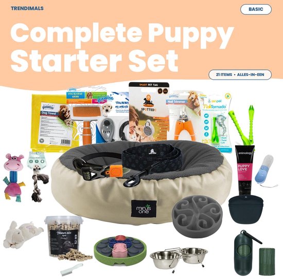 Compleet 21-delig puppy starterspakket met mand, speeltjes, voeding en verzorging.